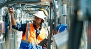 Machine operator viewing digital work instructions on a shop floor terminal